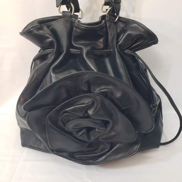 Oxone Paris VINTAGE Rose Embellished Leather Shoulder Drawstring Bucket Bag - Picture 2 of 16